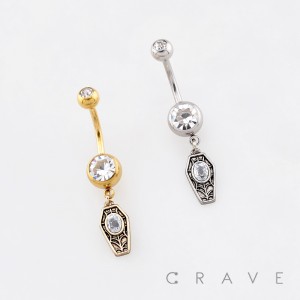 ORNATE FILIGREE COFFIN CHARM WITH SPIDERWEB DETAILING BELLY BUTTON NAVEL RING 316L SURGICAL STEEL